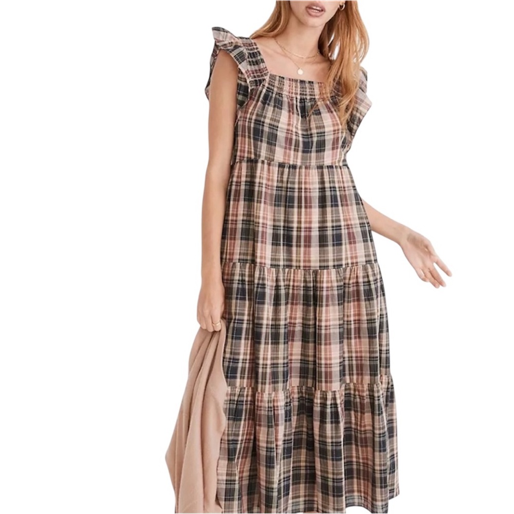 Madewell Flutter-Sleeve Tiered Midi Dress in Plaid Women’s Size Small